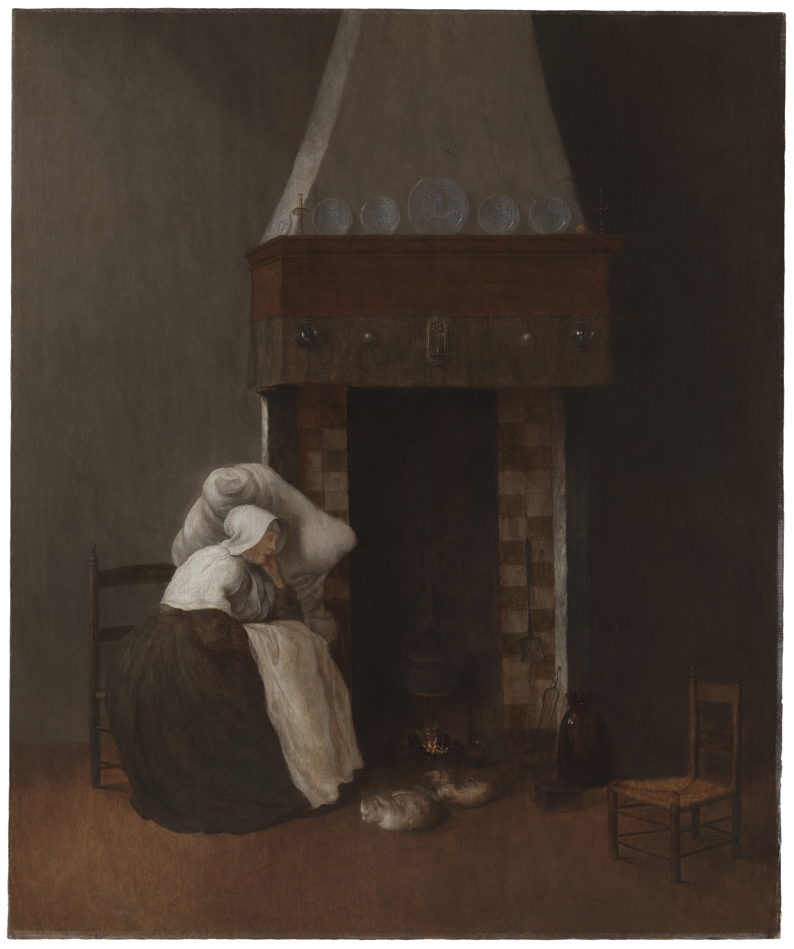 An interior with a sick woman by a fireplace