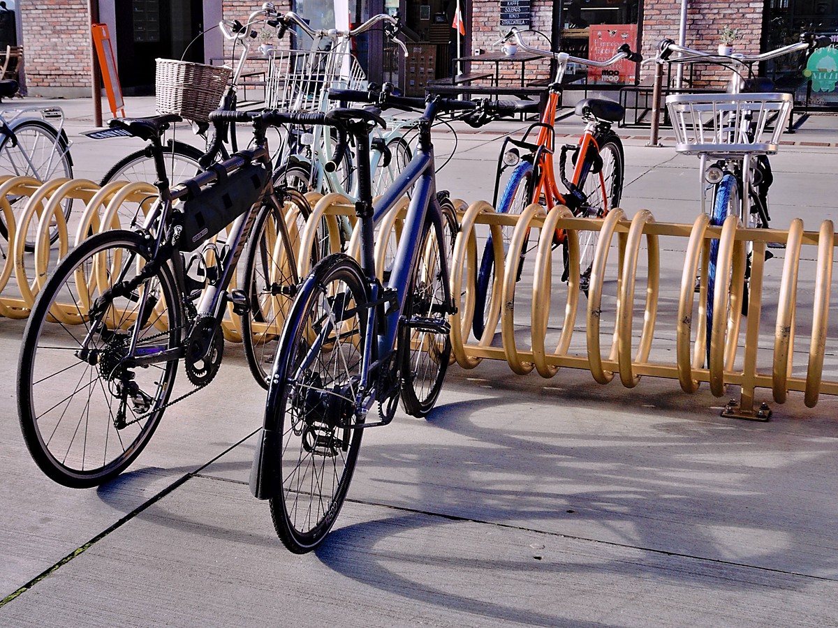 Parked bicycles.